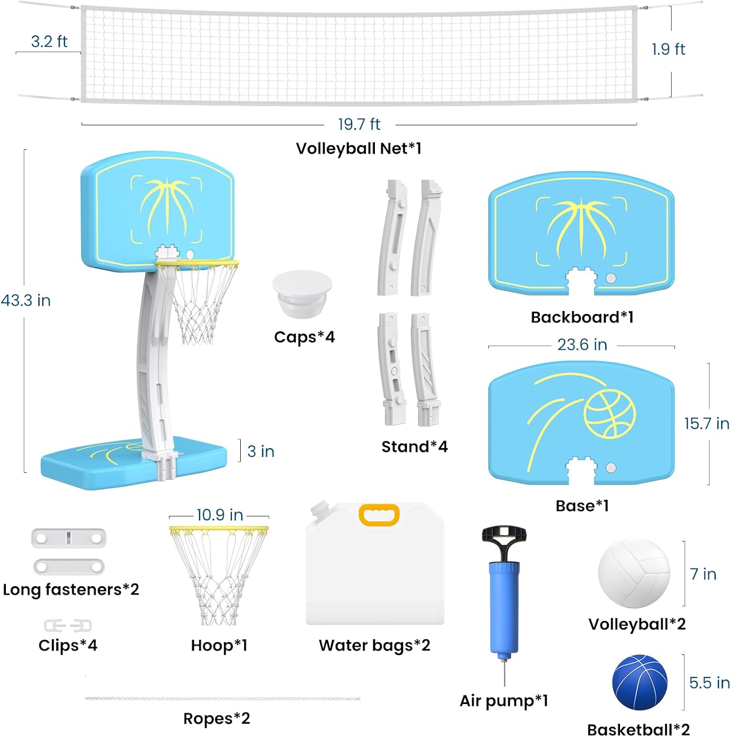Pool Basketball Hoop and Volleyball Net Combo Set, with Stainless Steel Frame, 8 Lighting Modes, Dual-Mode Summer