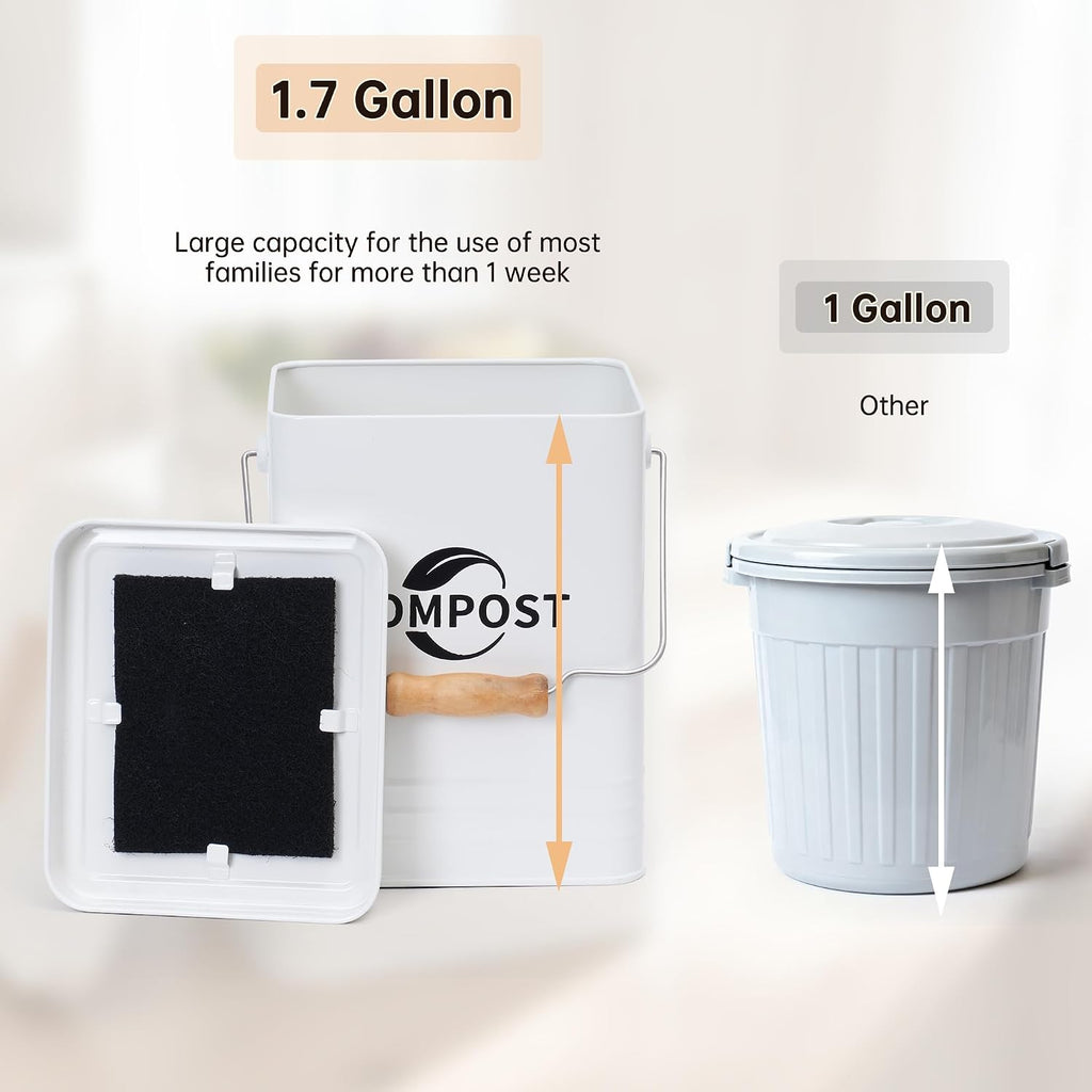Kitchen Compost Bin, 1.7 Gallon Countertop Compost Bin with Lid and Charcoal Filter, Kitchen Composter for Food