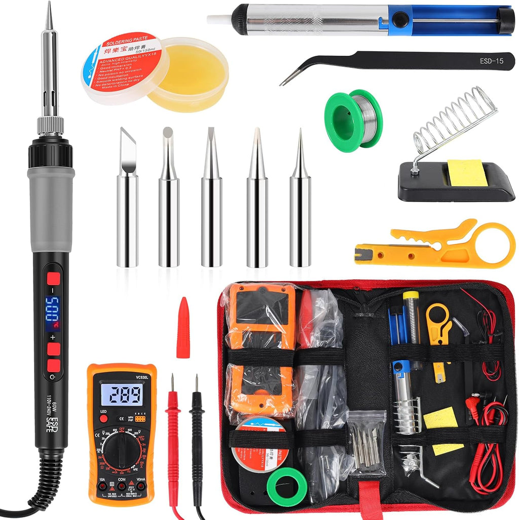 Soldering Iron Kit, 60W Soldering Tools with LCD Digital Display, 180°-500°C / 356°-932°F Adjustable Temperature, 5