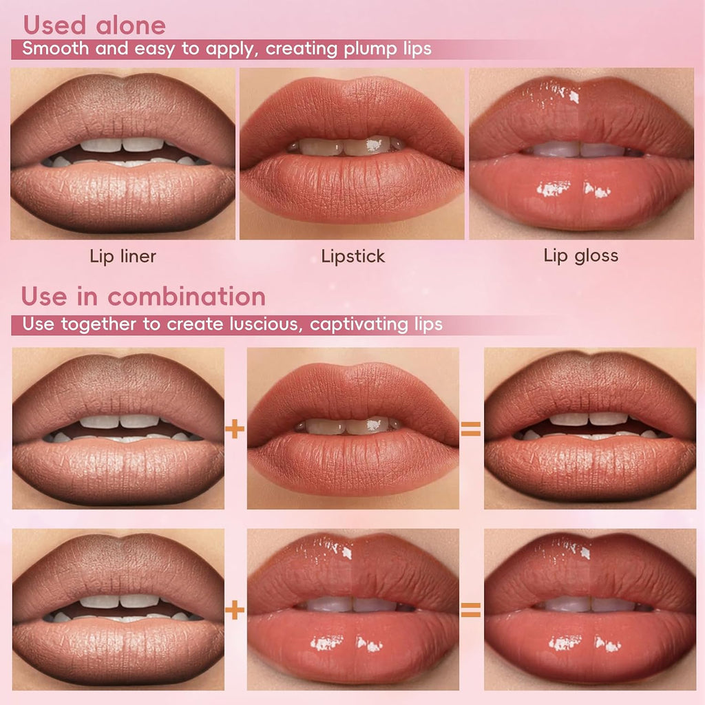 3PCS Lip Combo Sets, Dark Brown Lip Contour Plumping Liner Pencil Moisturizing Nude Lipstick Gloss Combo, High