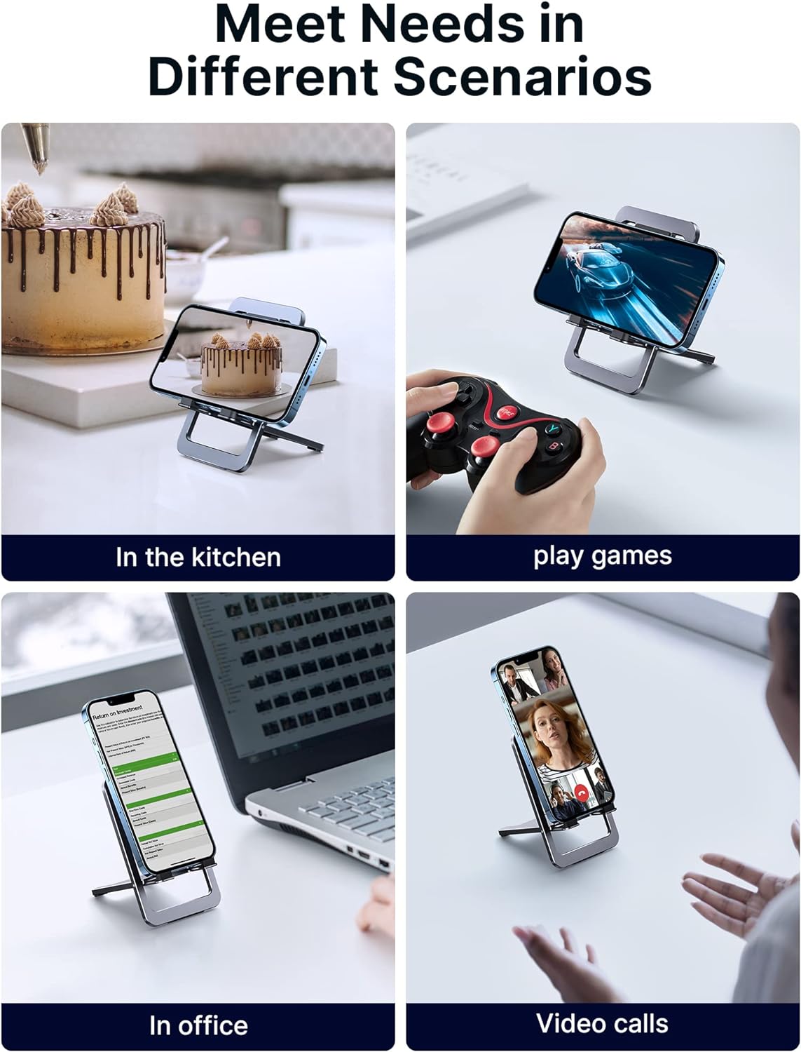 Cell Phone Stand, Foldable Aluminum Adjustable Phone Holder for Desk Portable Travel Essentials Office Accessories