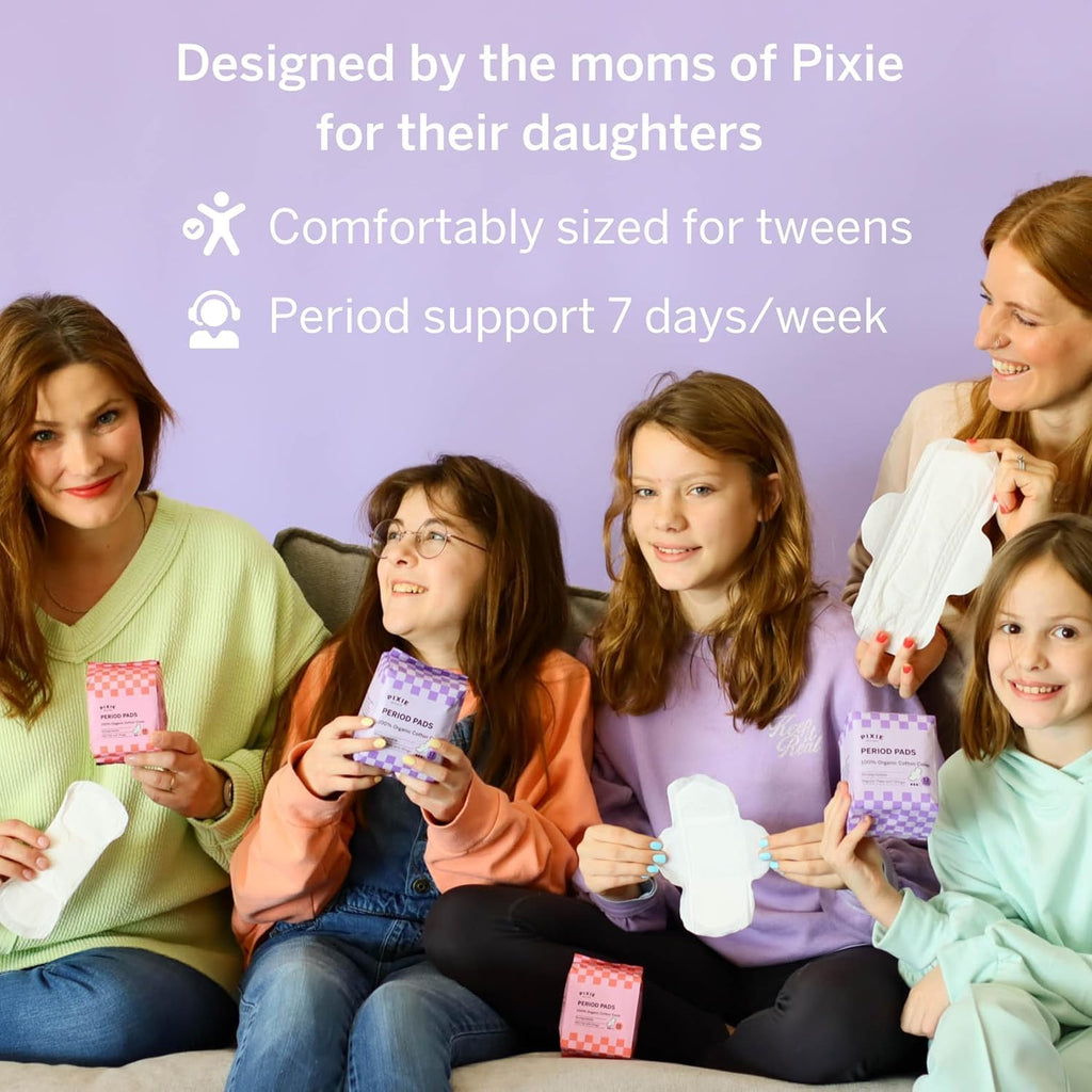 Pixie Period Starter Pads for Teen Girls - Organic Cotton 56ct - Designed for Tweens & Smaller Underwear - Leak-Proof