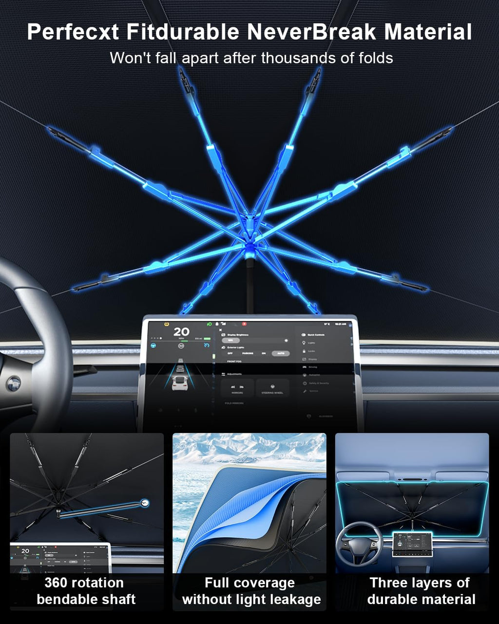 Car Windshield Sun Shade Umbrella 57" x 32", Windshield Sun Shade Foldable with 5-Layer Thickened Vinyl Coating