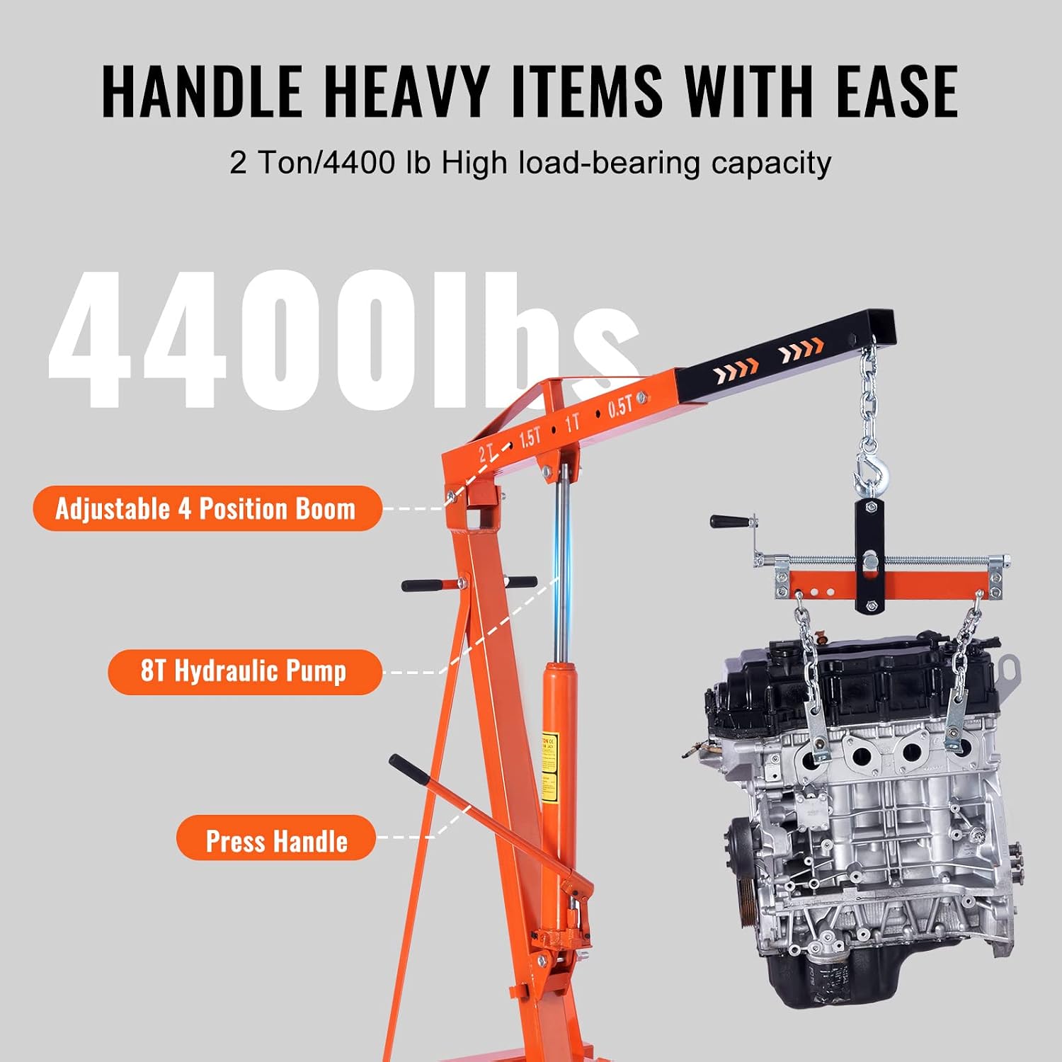 Hydraulic Engine Hoist with Lever, 2 Ton/4400 LBS Heavy-Duty Cherry Picker Shop Crane, Foldable Engine Crane and