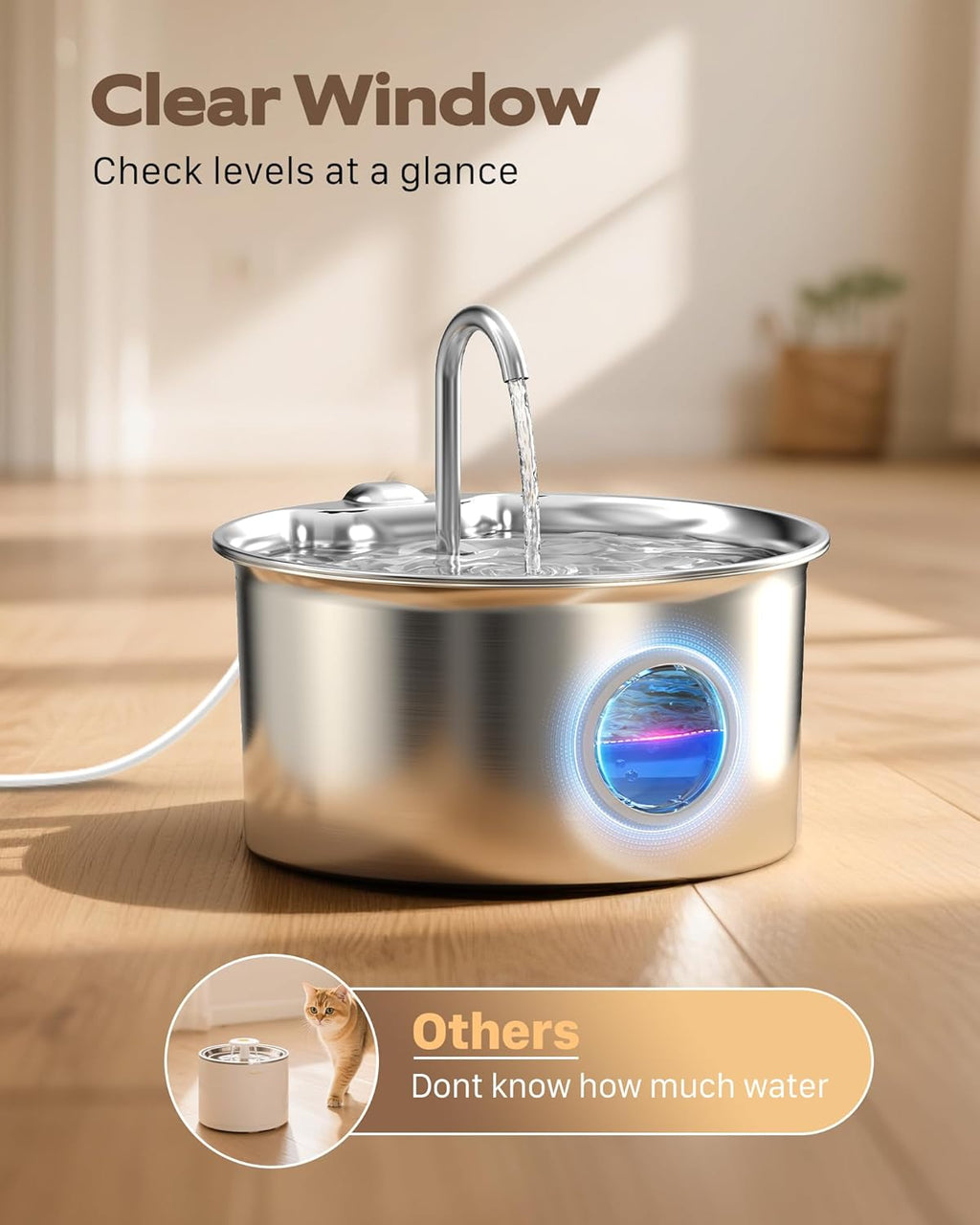 Cat Water Fountain Stainless Steel: Cat Fountain for Drinking - 88oz/2.6L Pet Water Fountain for Cats Indoor - Quiet
