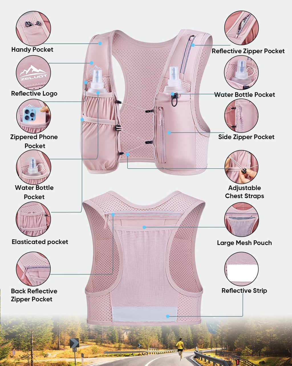 Running Vest for Women Men, US Patent, Adjustable Chest Straps Running Hydration Vest with 500ml Soft Flask