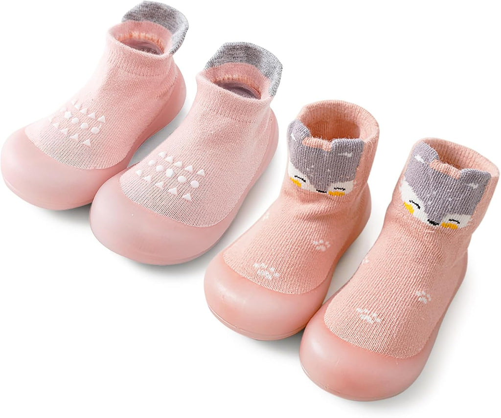 2 Pairs Baby Sock Shoes Boys Girls Non Slip Soft Rubber Sole Sneakers Toddler Infant Slip On Slippers First Walking