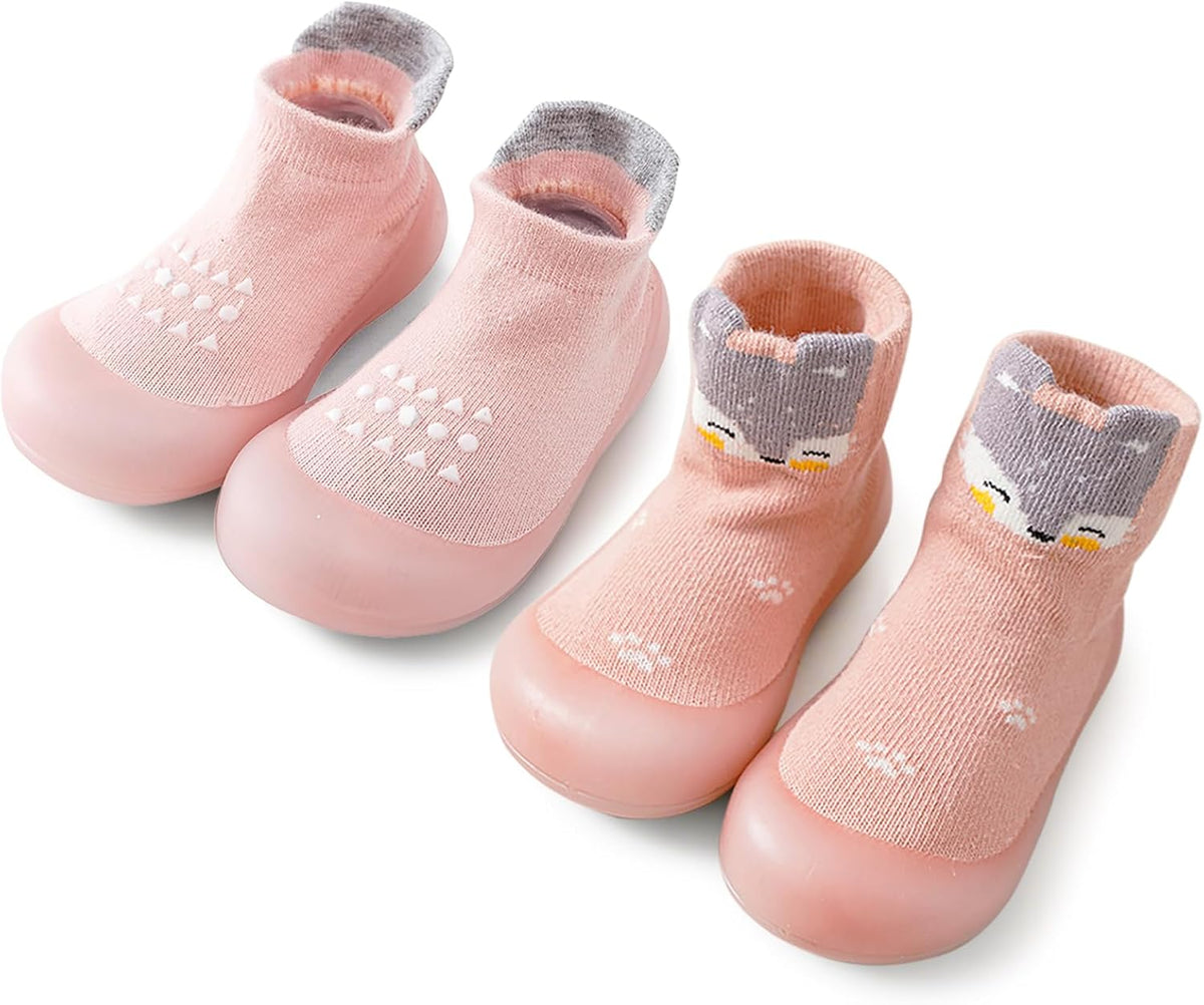 2 Pairs Baby Sock Shoes Boys Girls Non Slip Soft Rubber Sole Sneakers Toddler Infant Slip On Slippers First Walking