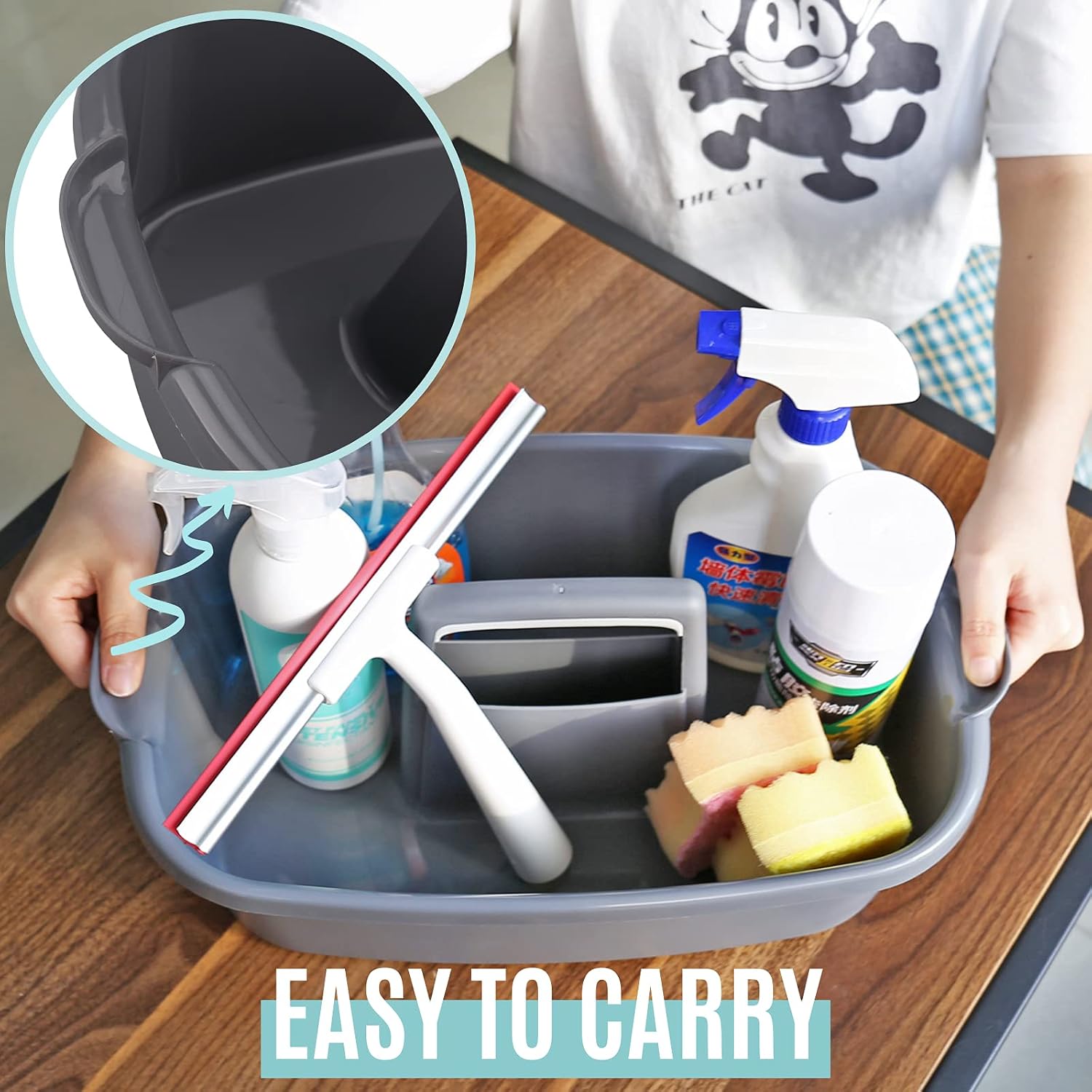 Cleaning Caddy Organizer with Handle, Gray Plastic Bucket for Cleaning Supplies Products, Cleaning Tool Storage Tote