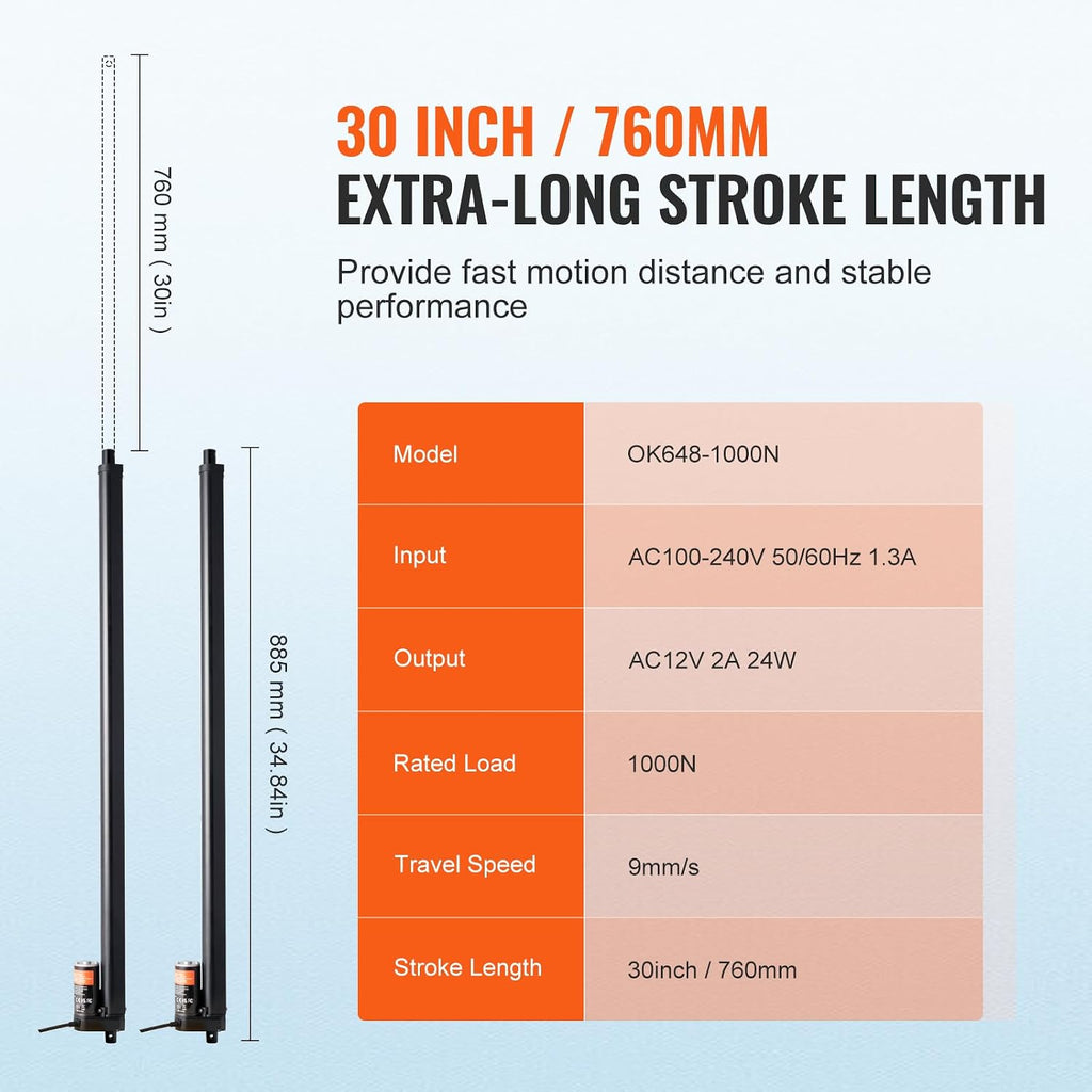 VEVOR 2PCS Linear Actuator Kit, 30 Inch High Speed 0.35"/s Linear Motion Actuator 110V, 220lbs/1000N Linear Actuator for TV/Table/Sofa Lifting, IP54 Protection - Wireless Remote Control Included