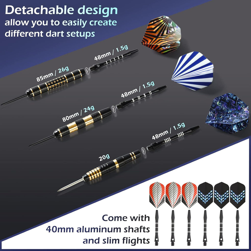 Darts Metal Tip Set, Steel Tip Darts Set 20 Grams 24 Grams and 26 Grams Professional Darts for Dartboard with