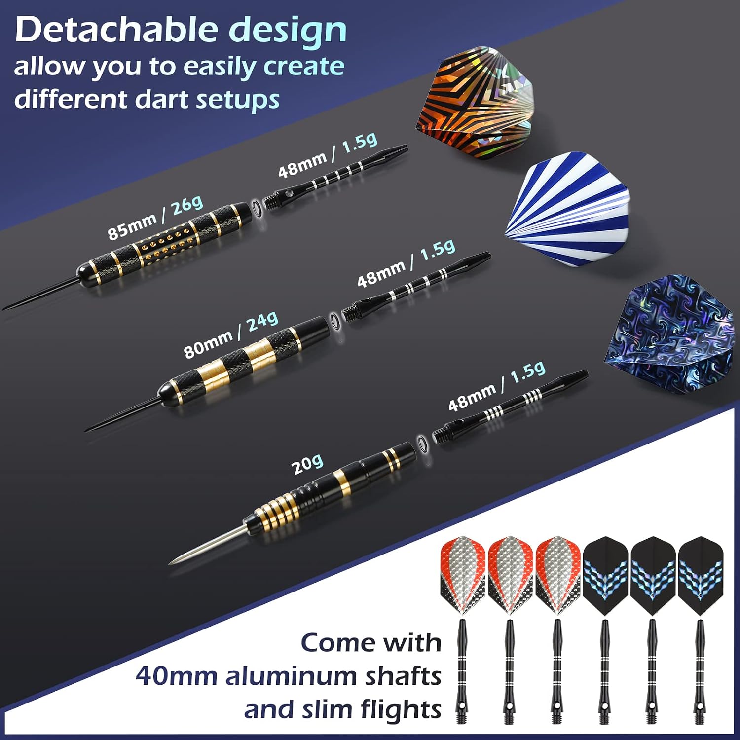 Darts Metal Tip Set, Steel Tip Darts Set 20 Grams 24 Grams and 26 Grams Professional Darts for Dartboard with
