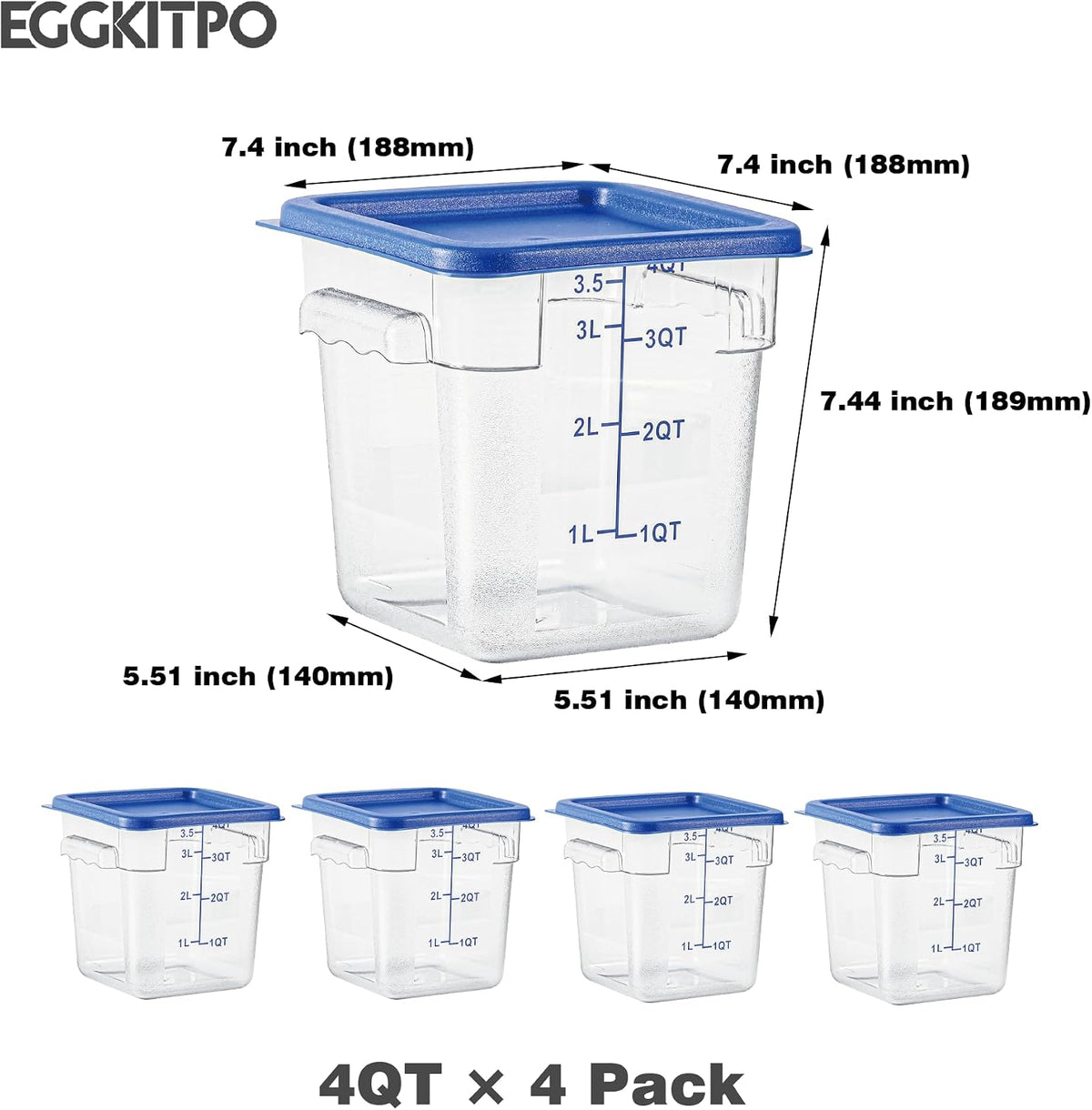 4 Pack 4 QT Food Storage Containers with Blue Lids Hot Cold Resistant Stackable Square Commercial Container Set with