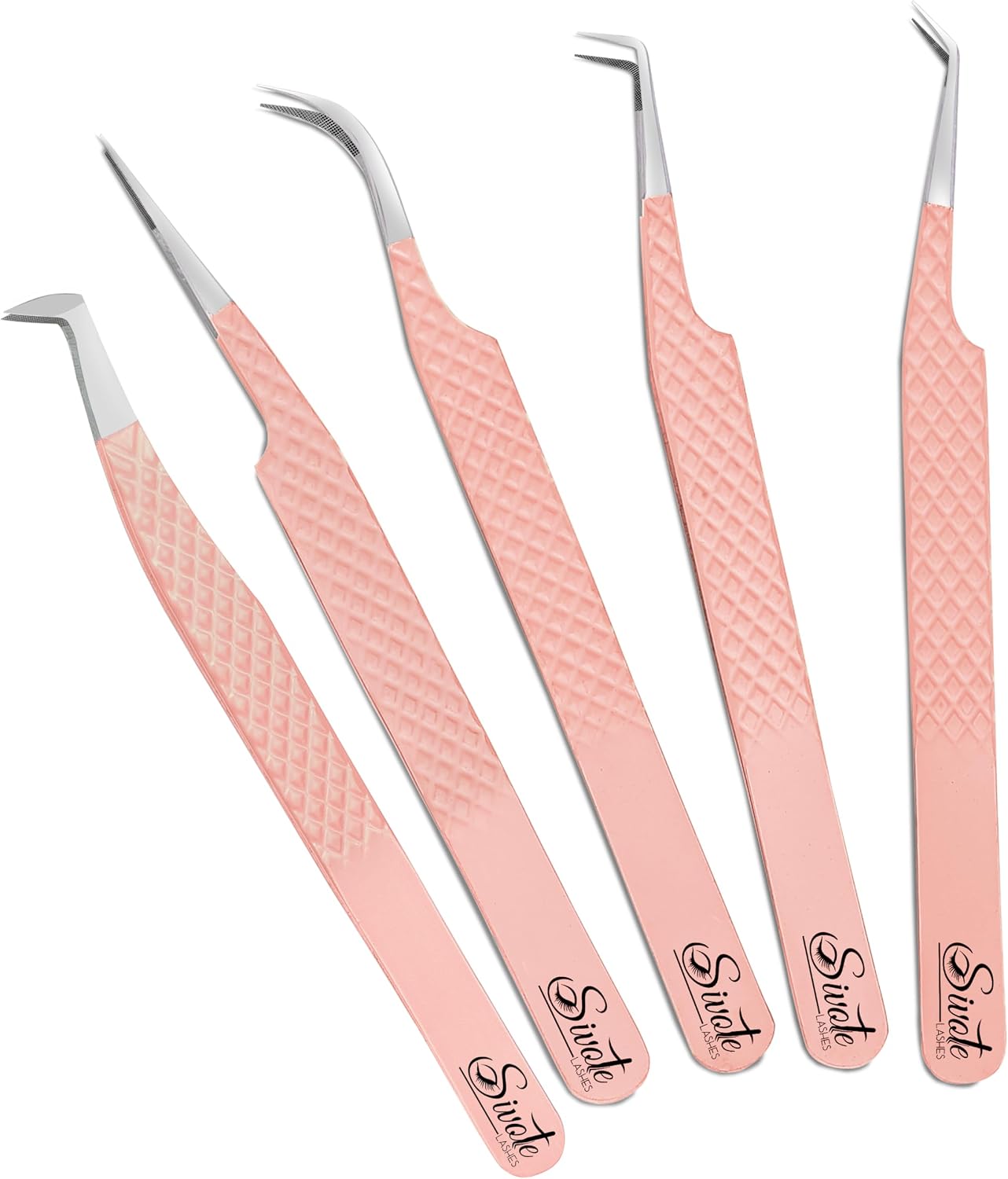 Lash Tweezers for Eyelash Extensions, Pack of 5, Peach, Diamond Grip | Precision fiber tips, ideal for volume &