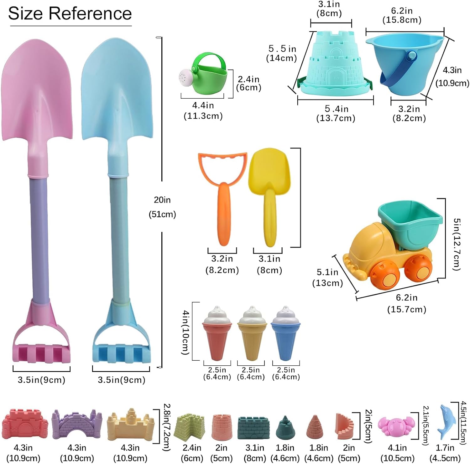 Long Shovels Sand Toys Set with Mesh Bag Including Dump Truck, Beach Buckets, Shovels, Rakes, Molds, Outdoor Beach