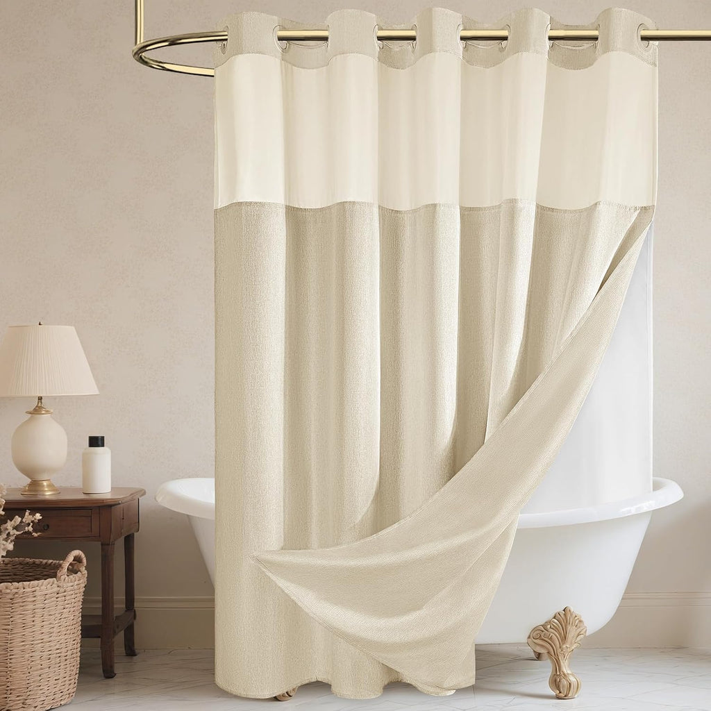 No Hook Shower Curtain and Liner, Linen-Look Polyester Textured Shower Curtain with Snap in Liner, Waterproof &
