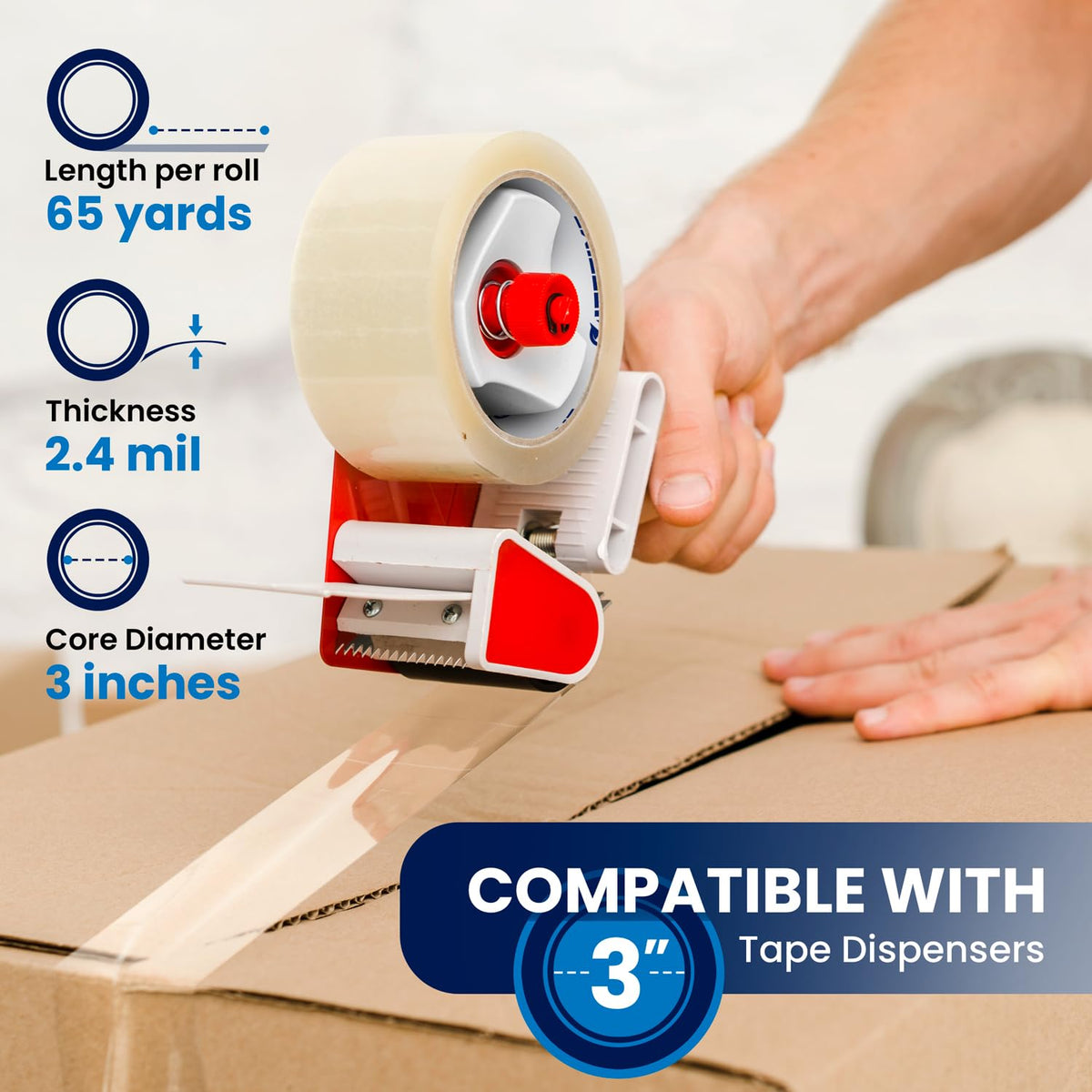 6 Rolls | 2.4 mil Clear | 65 Yards Each (390 Yards Total) | 2" Premium Packing Tape Heavy Duty Packaging Tape for