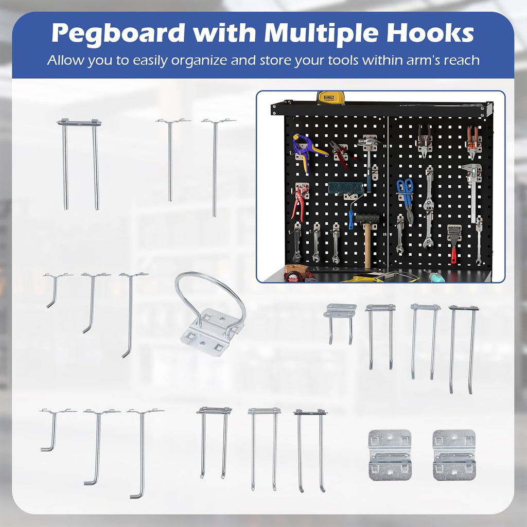32" Work Bench with Drawer, Pegboard and 19 PCS Hanging Kits, Black | Heavy Duty Garage Work Table, Tool Bench