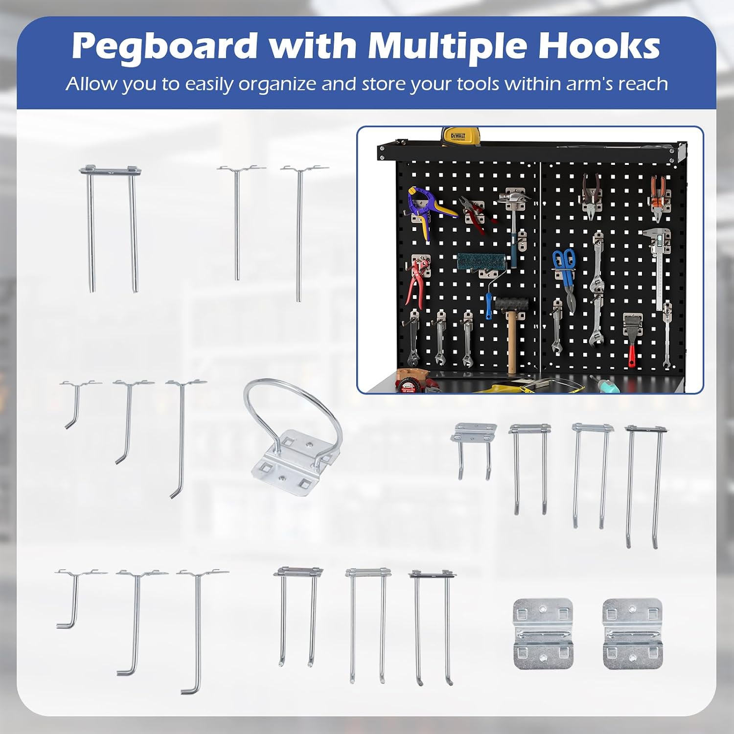 32" Work Bench with Drawer, Pegboard and 19 PCS Hanging Kits, Black | Heavy Duty Garage Work Table, Tool Bench