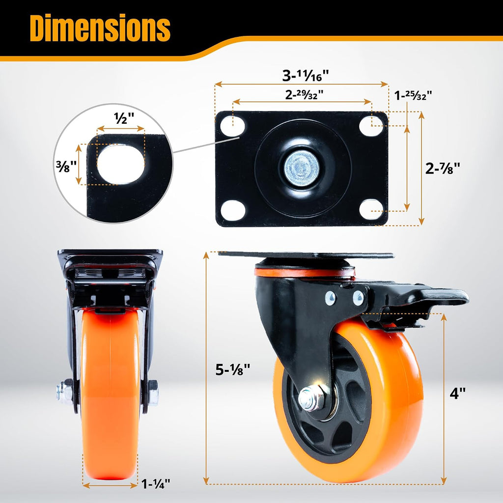 4" Swivel Caster Wheels Set of 4 with Dual Locking Brake, Heavy Duty Plate Casters, 1763 lbs Static Load, Includes 2