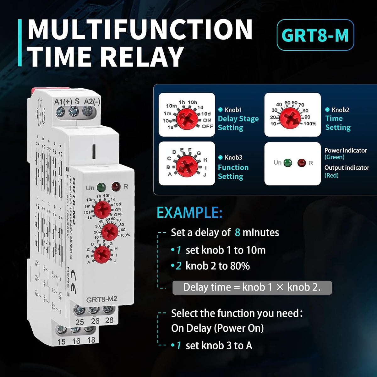 Multifunction Time Relay 16A Delay ON Off Time Relay GRT8-M2 AC DC 12-240V