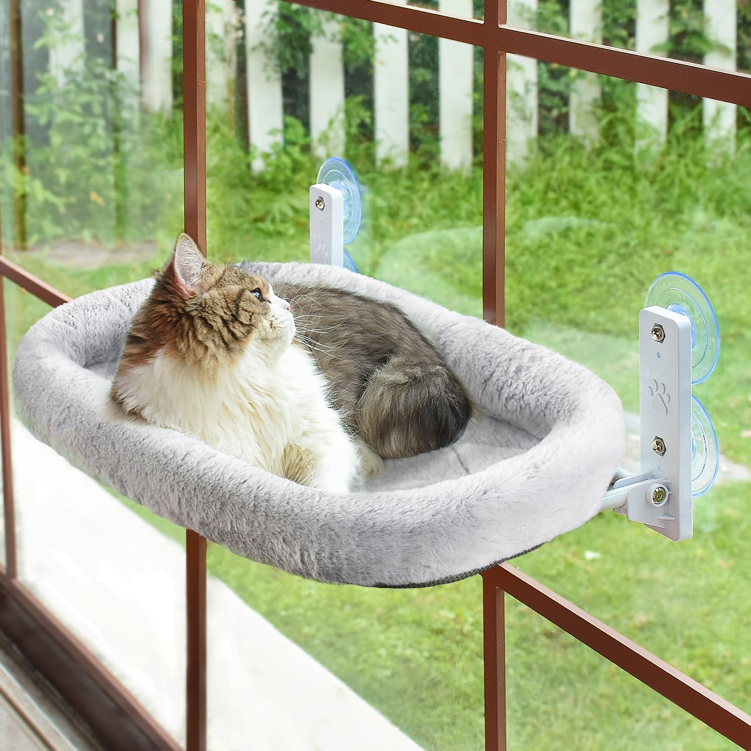 Cordless Cat Window Perch, Cat Hammock for Wall with 4 Strong Suction Cups, Solid Metal Frame and Two Replaceable