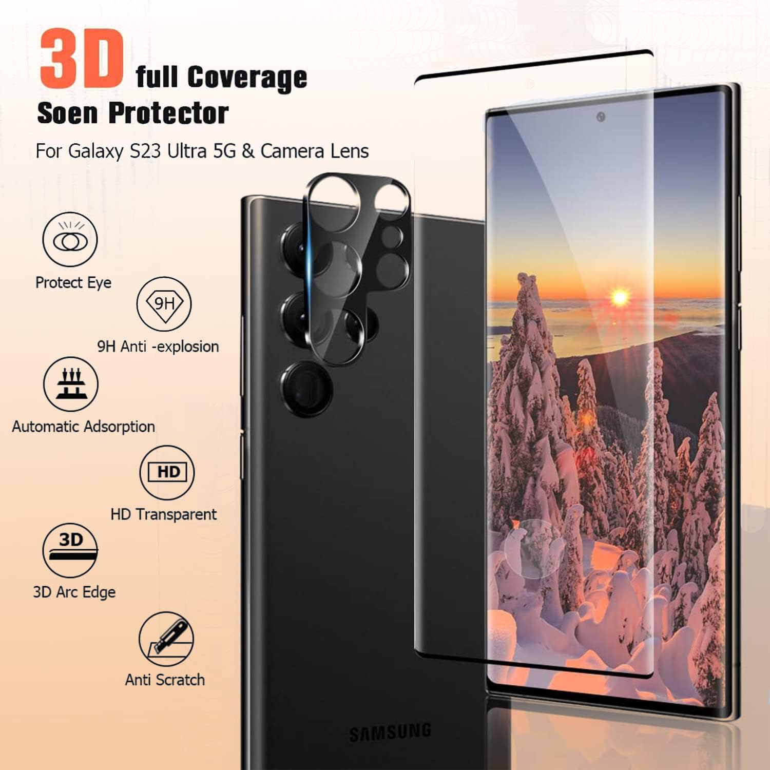 [2+2 Pack Galaxy S23 Ultra Screen Protector, 9H Tempered Glass Scratch Resistant, Ultrasonic Fingerprint Support, For
