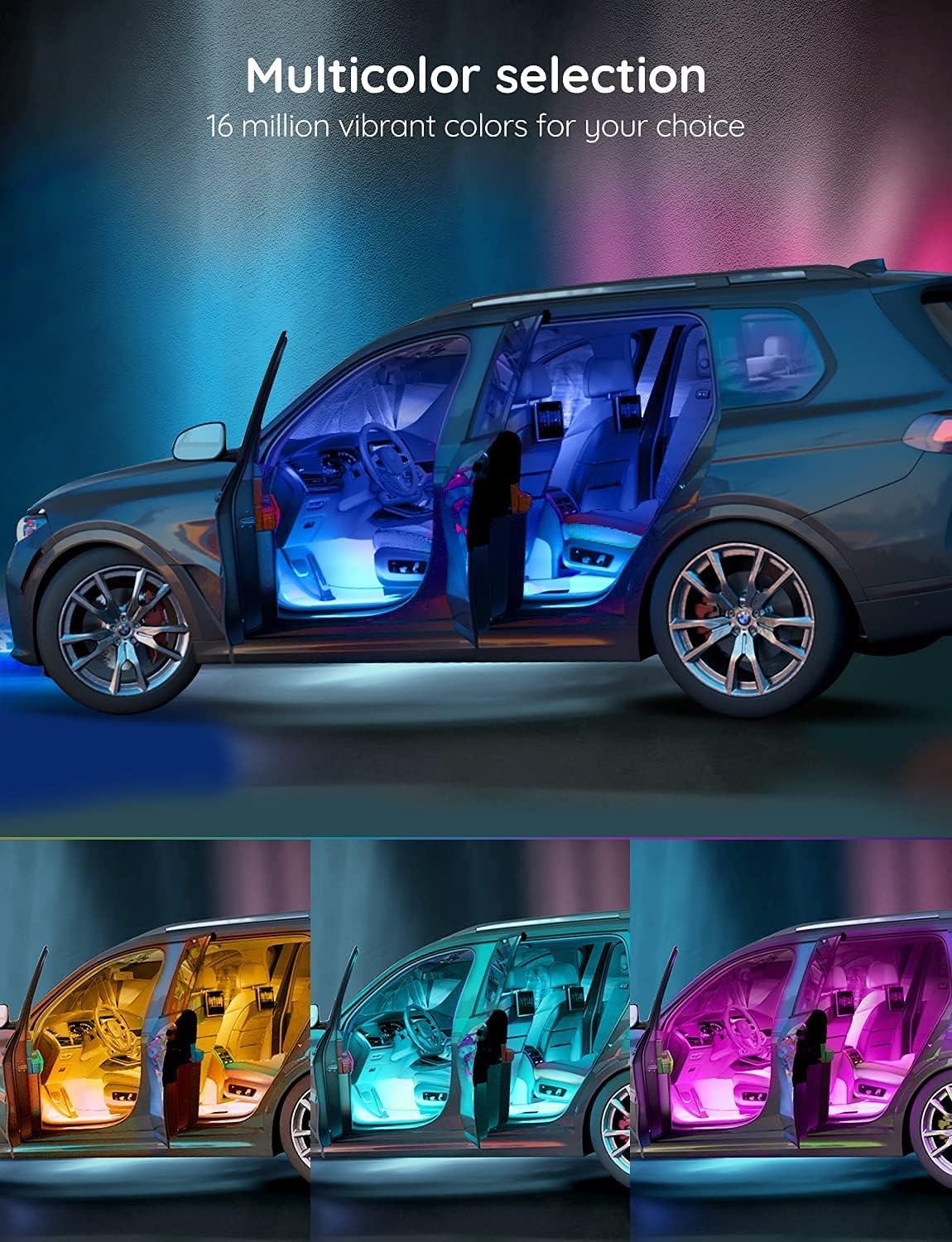 Car LED Lights, Smart Car Interior Lights with App Control, RGB Lights with DIY Mode and Music Mode, 2 Lines Design