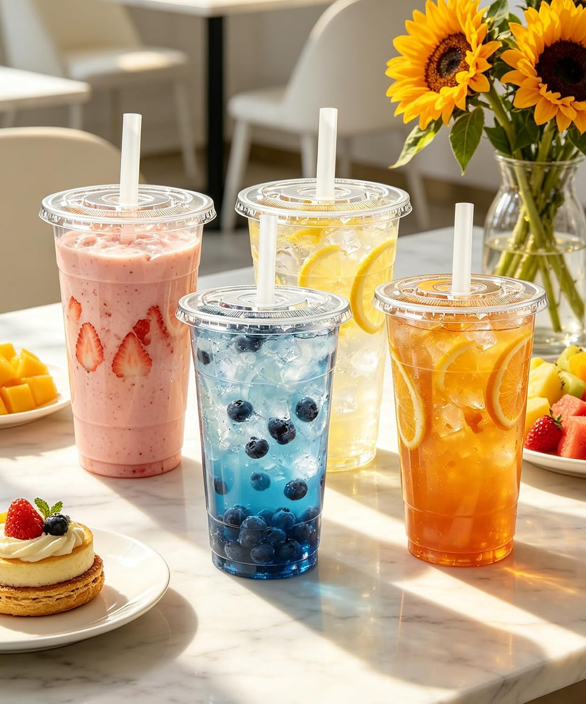 32 oz Clear Plastic To Go Cups with Lids and Straws