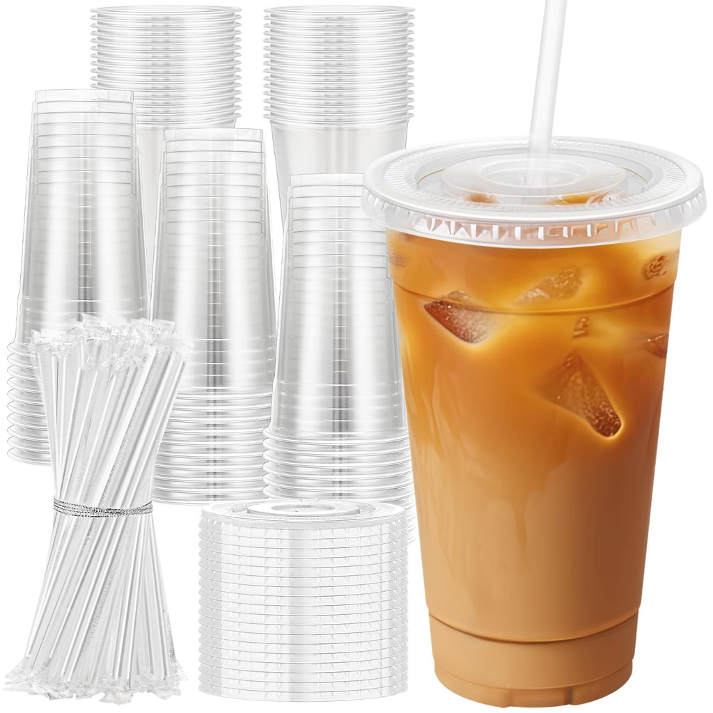 100 Pack 24 oz Plastic Coffee Cups with Lids, Disposable Clear Cups