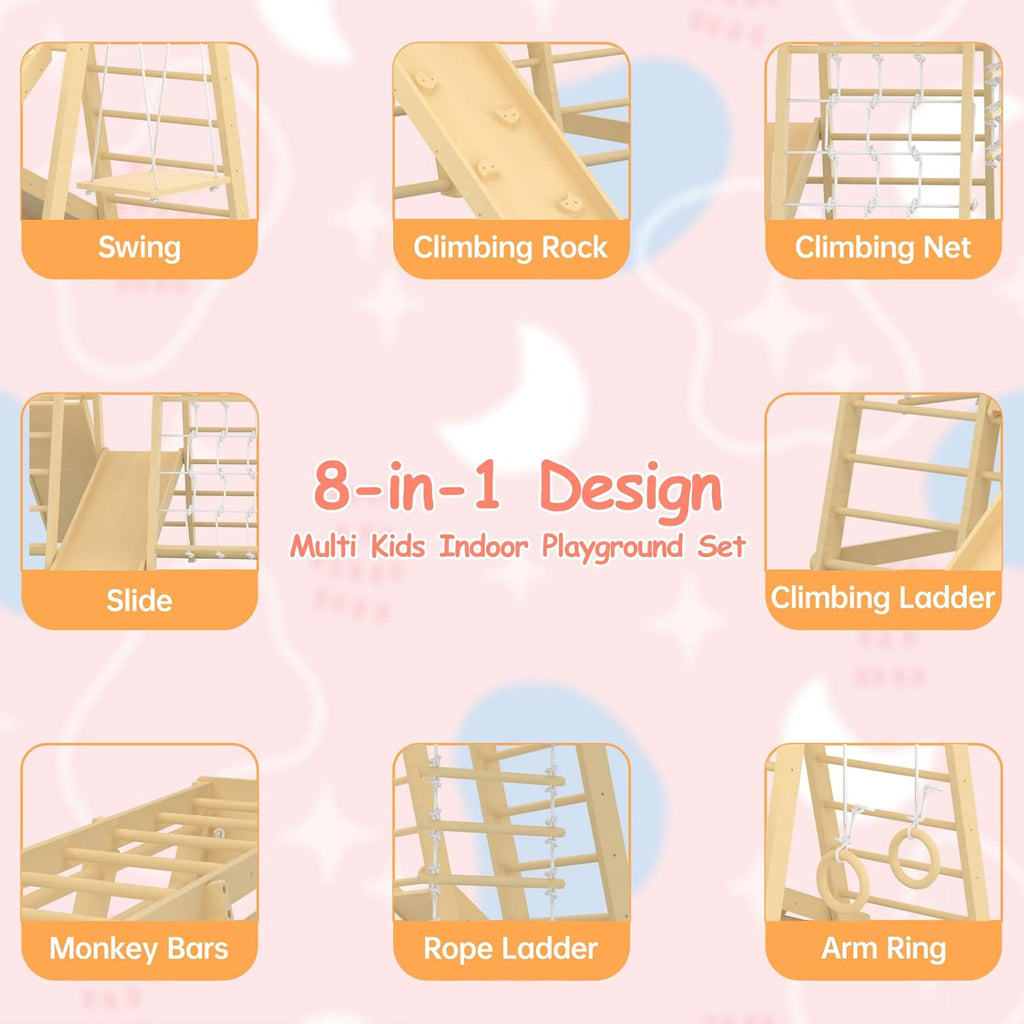 Toddler Jungle Gym, 66" Indoor Playground Set with Swing, Rock Climb Wall, Slide, Monkey Bars, Wood & Rope Ladder