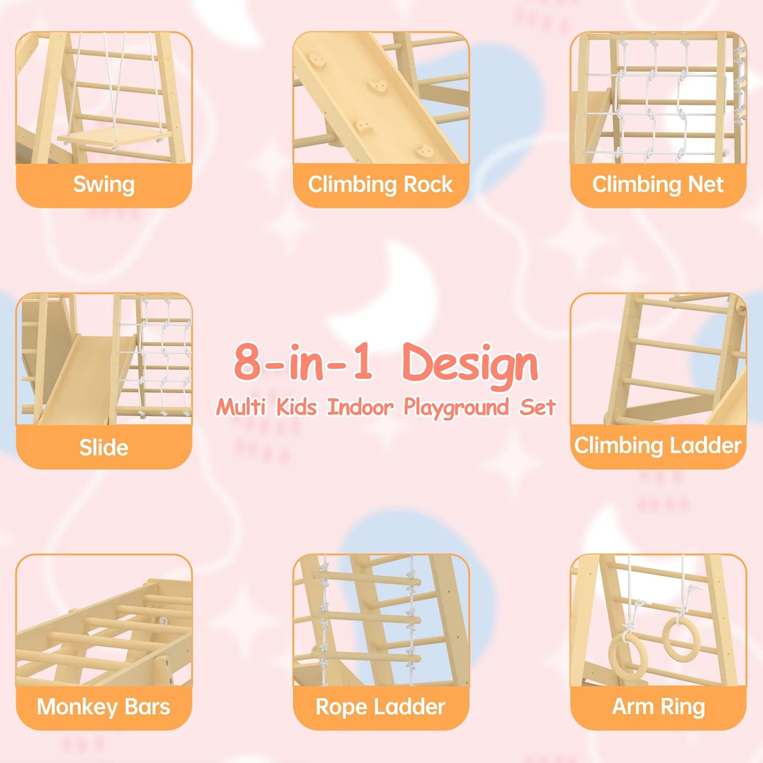Toddler Jungle Gym, 66" Indoor Playground Set with Swing, Rock Climb Wall, Slide, Monkey Bars, Wood & Rope Ladder