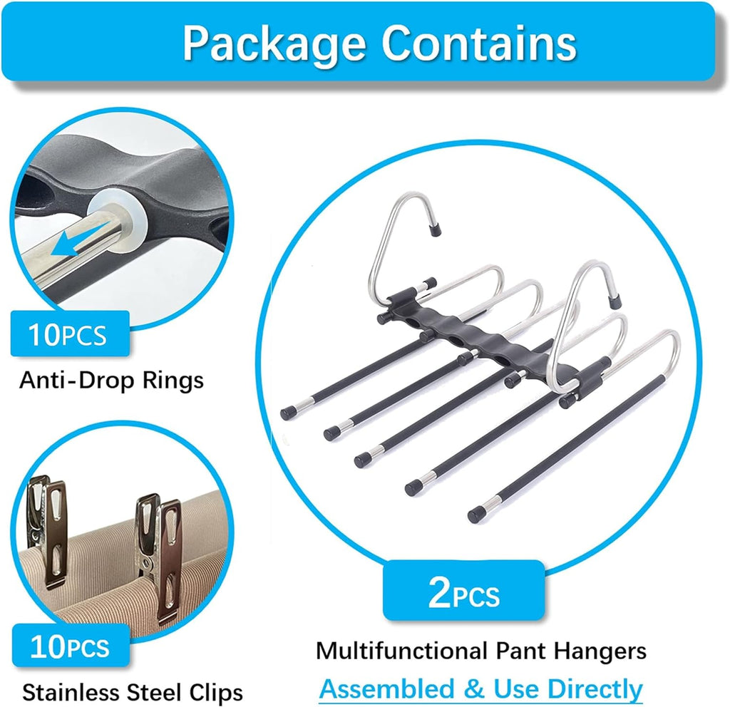 Magic Pants Hangers Space Saving - 2 Pack for Closet Multiple Layers Multifunctional Uses Rack Organizer for Trousers