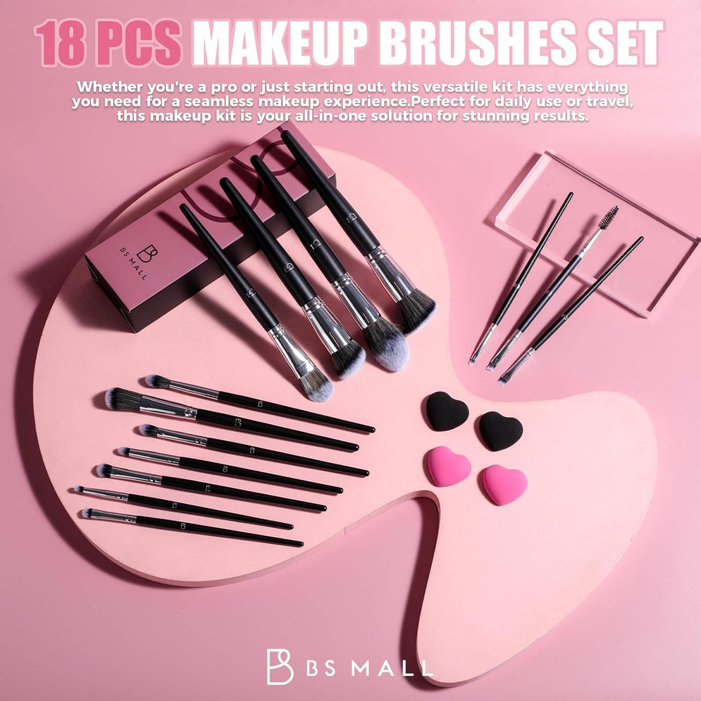 Professional 14 Pcs Makeup Brushes Set With 4 Mini Makeup Blending Sponge - Foundation Brush, Powder Puff & Makeup