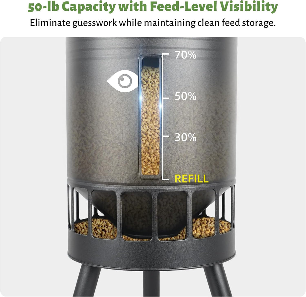 50LB Metal Chicken Feeder - Anti-Waste Design, 16 Ports, Black
