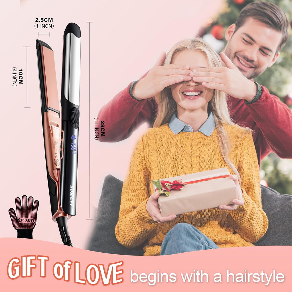 Hair Straightener and Titanium Flat Iron Curler 2 in 1 | 1 Inch Ceramic 3D Floating Panel,Dual Voltage,450°F Rapid