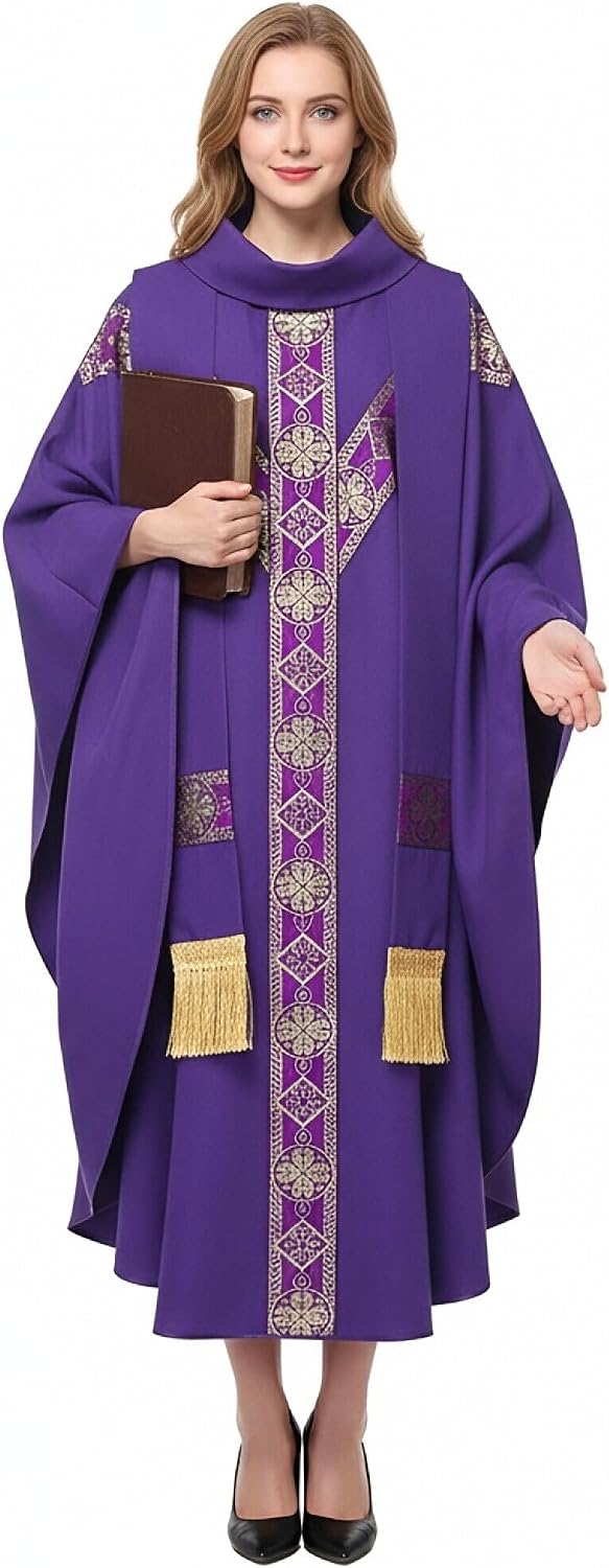 Clergy Elegance Church Vestments for Catholic Priests Chasuble Mass Apparel and Round Collar Robe With Pastor Stole