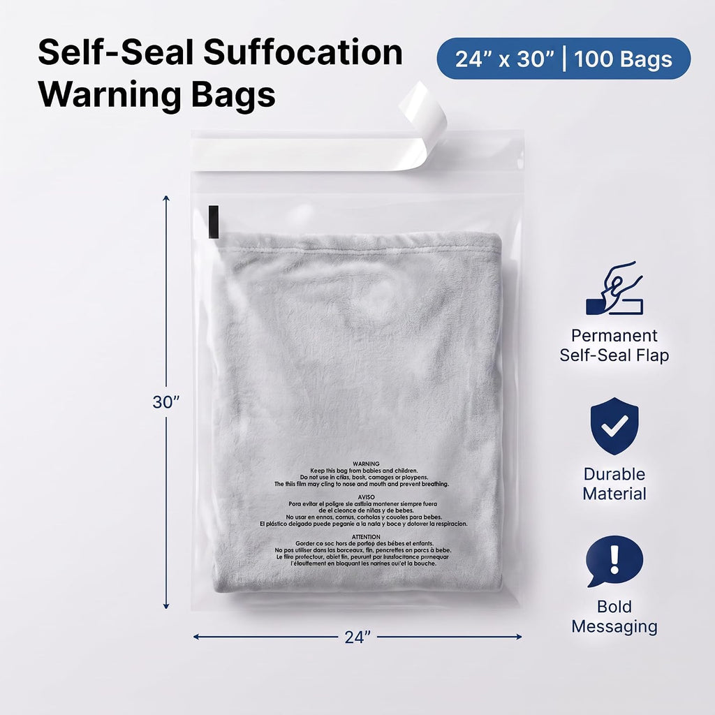 24" X 30" (100 Count) Self-Seal Clear Poly Bags With Suffocation Warning