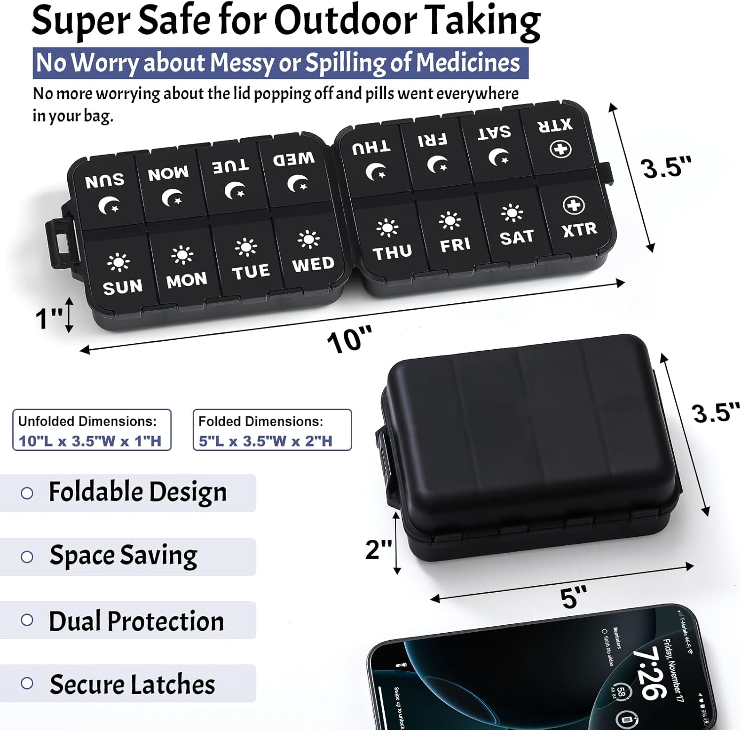 Foldable Weekly Pill Organizer 2 Times a Day with 2 Extra Compartments (Clear Printed Labels) - Portable 7 Day AM PM