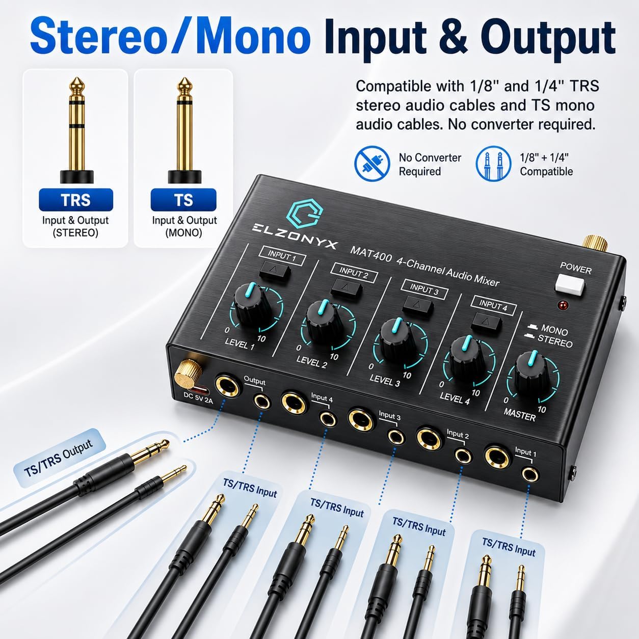 4 Channel Mini Audio Mixer, Stereo Line Mixer with Mono/Stereo Switch, Ultra-Low Noise Sub-Mixer, 1/4" & 1/8" TS/TRS