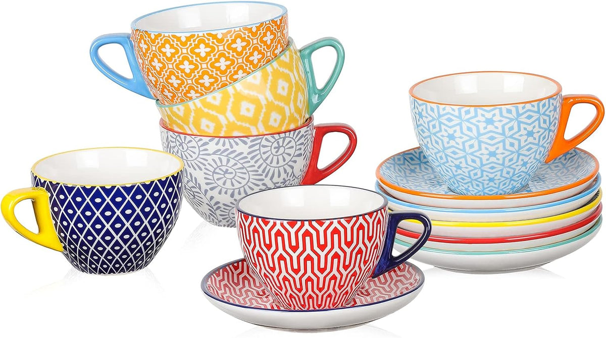Ceramic 8 oz Cappuccino Cup Set with Saucers, Espresso Coffee Cups, Latte Macchiato for Party Cafe Home, Set of 6