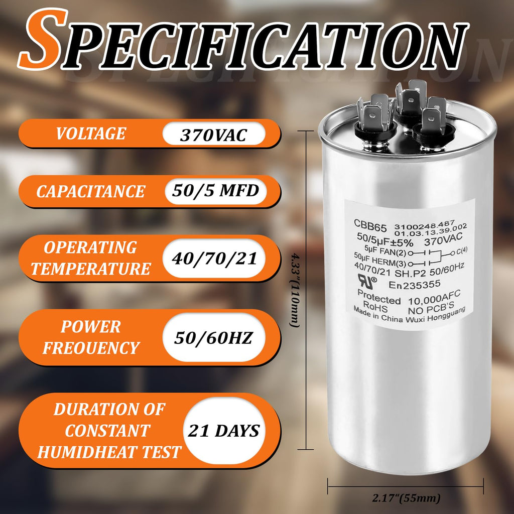 3313107.018 Capacitor Compatible with dometic RV Air Conditioner, 50/5uf±5%, 370VAC CBB65/CBB65A, Replaces 3316995.900, 3316348.900, 3100248.487