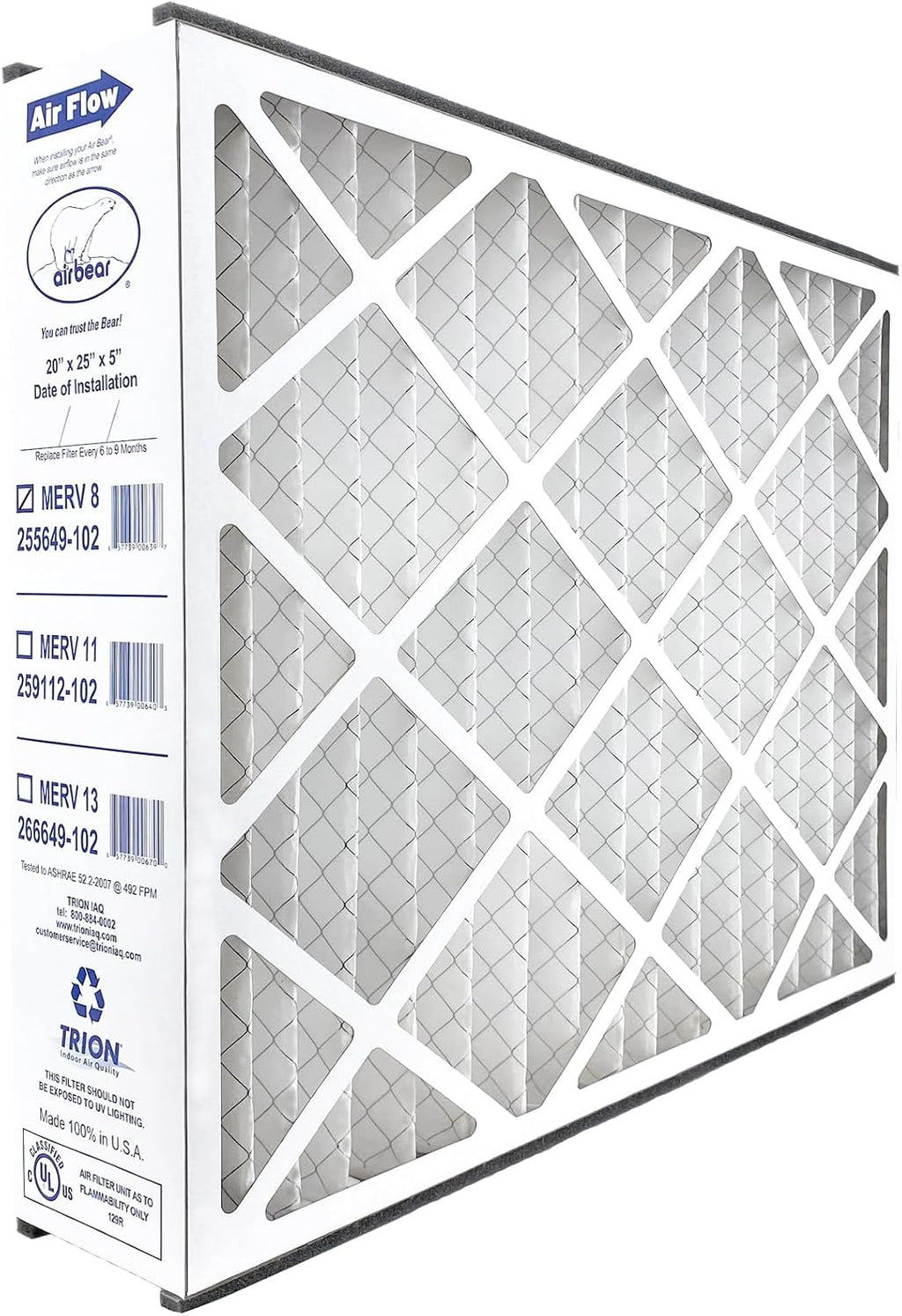 Air Bear 20x25x5 Pleated HVAC Air Filter MERV 8 (4-Pack) (actual size: 19.75" x 24.25" x 4.9" in.) compatible part