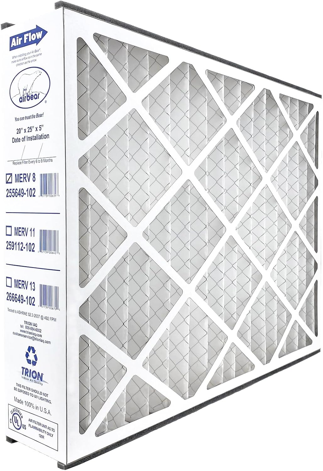 Air Bear 20x25x5 Pleated HVAC Air Filter MERV 8 (4-Pack) (actual size: 19.75" x 24.25" x 4.9" in.) compatible part