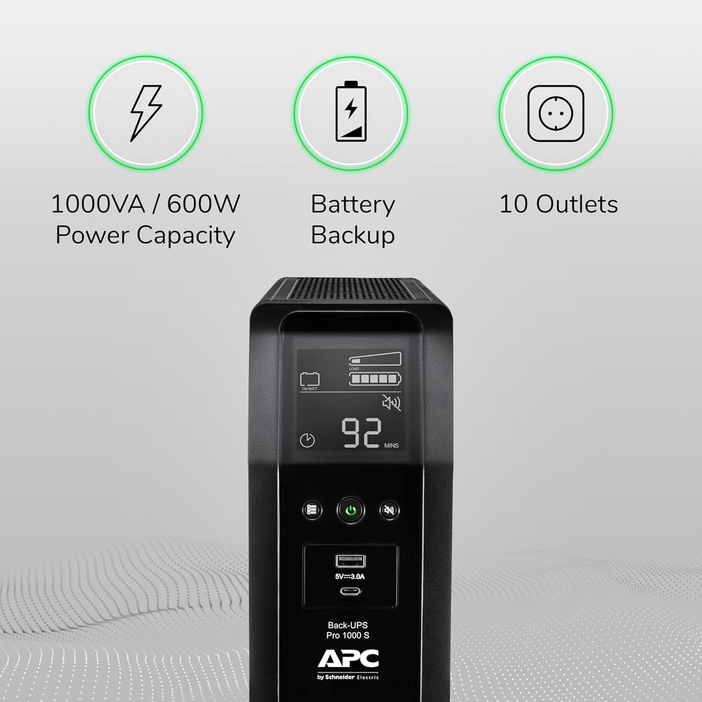 APC UPS 1000VA/600W Pure Sine Wave UPS for Computer, Electronics, BR1000MS