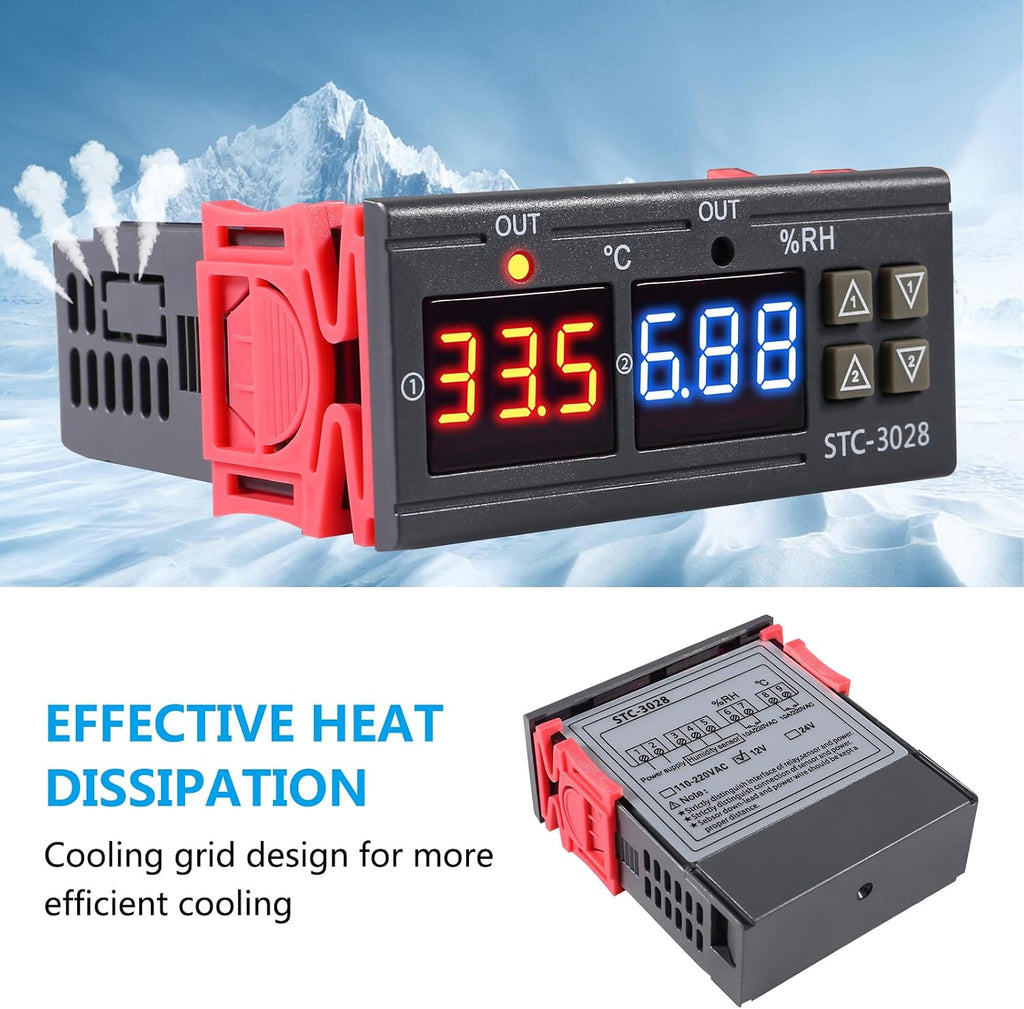 STC-3028 Temperature Controller 12V Temperature and Humidity Controller Meter with Integrated Sensor Dual Digital
