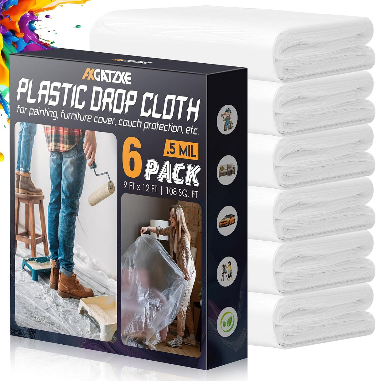 12 x 9 Ft Plastic Drop Cloths for Painting (6-Pack)