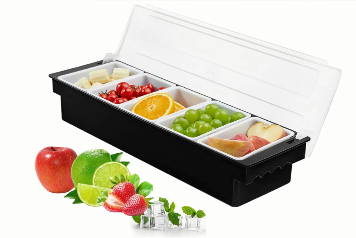 Ice Chilled Condiment Caddy Serving Container with Lid,5 Compartments