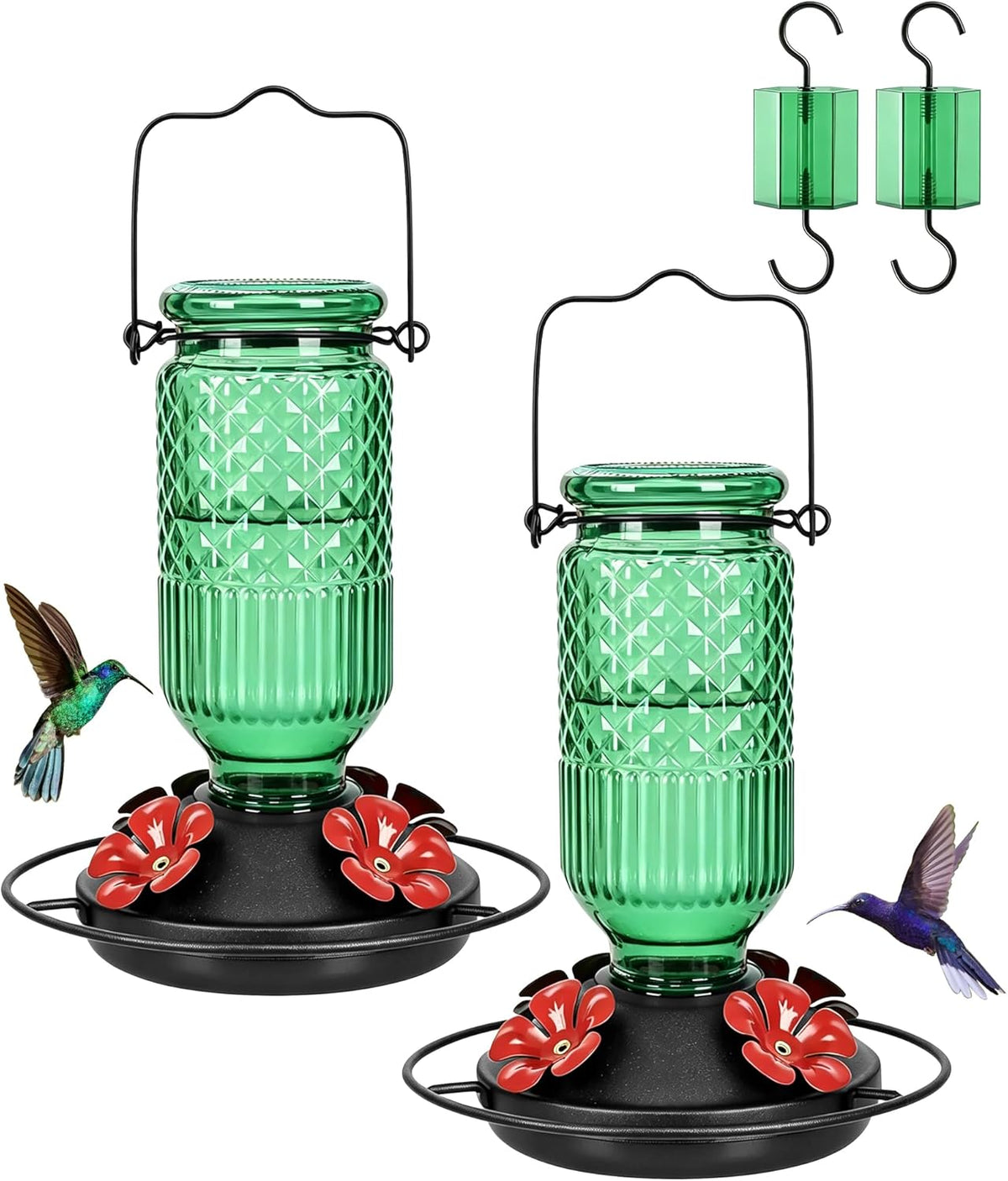 Glass Hummingbird Feeder 2 Pack, 16oz Leak-Proof with Ant Moat & Bee Guards, Easy Clean Wide Mouth, Metal Perches