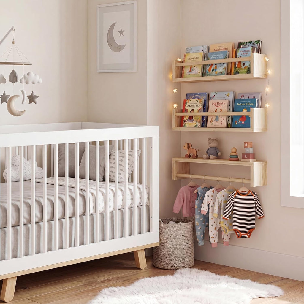 Nursery Shelves, 16.5 Inch Floating Bookshelves for Wall Set of 3, Baby Nursery Decor, Solid Wood Wall Mounted